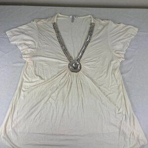 Metro 7 Ivory Sequin V-Neck Top Womens Medium Flutter Sleeve